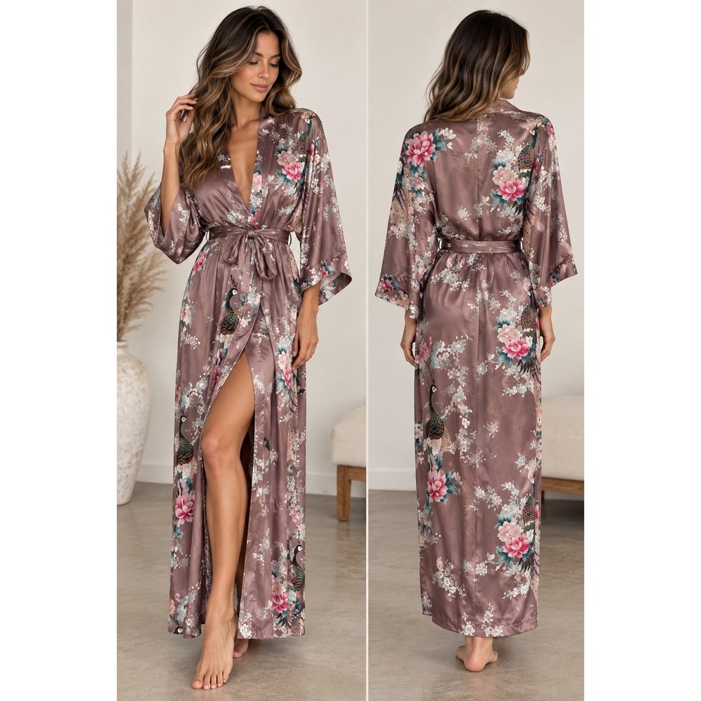 KIM + ONO Mauve Satin Peacock Floral Kimono Robe Long Wrap Belted One Size